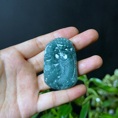 Pisces Fish Water Green Jadeite Jade Pendant