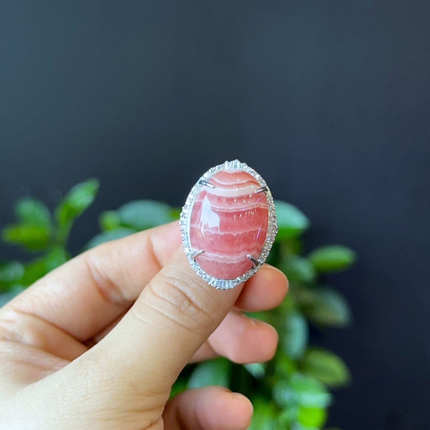 Oval Rhodochrosite Ring in Silver with White Stone Setting Size 1.8