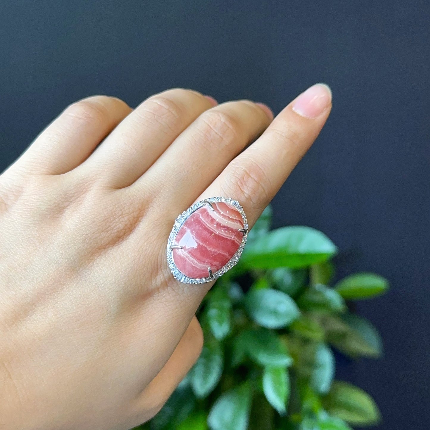 Oval Rhodochrosite Ring in Silver with White Stone Setting Size 1.8