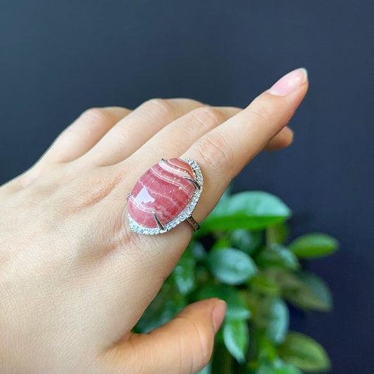 Oval Rhodochrosite Ring in Silver with White Stone Setting Size 1.8