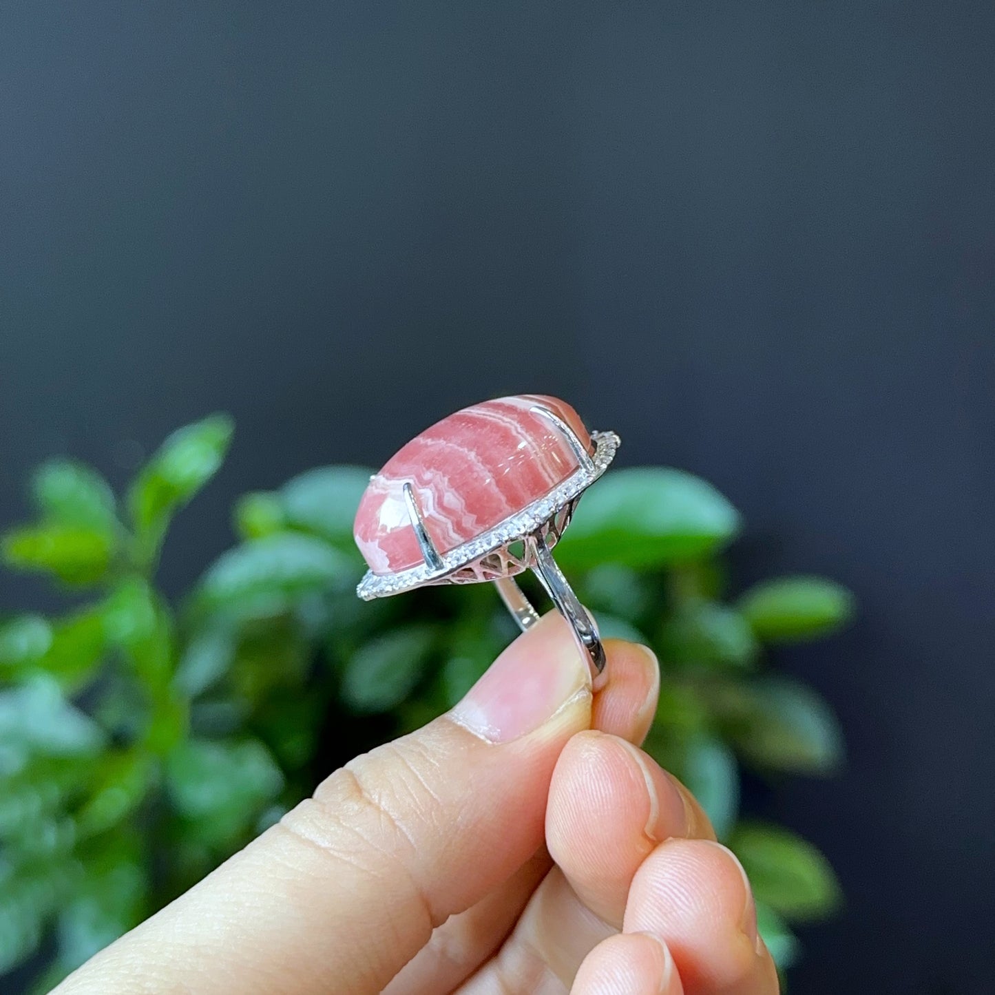 Oval Rhodochrosite Ring in Silver with White Stone Setting Size 1.8