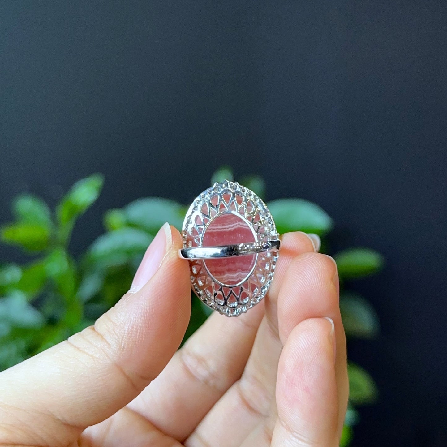 Oval Rhodochrosite Ring in Silver with White Stone Setting Size 1.8