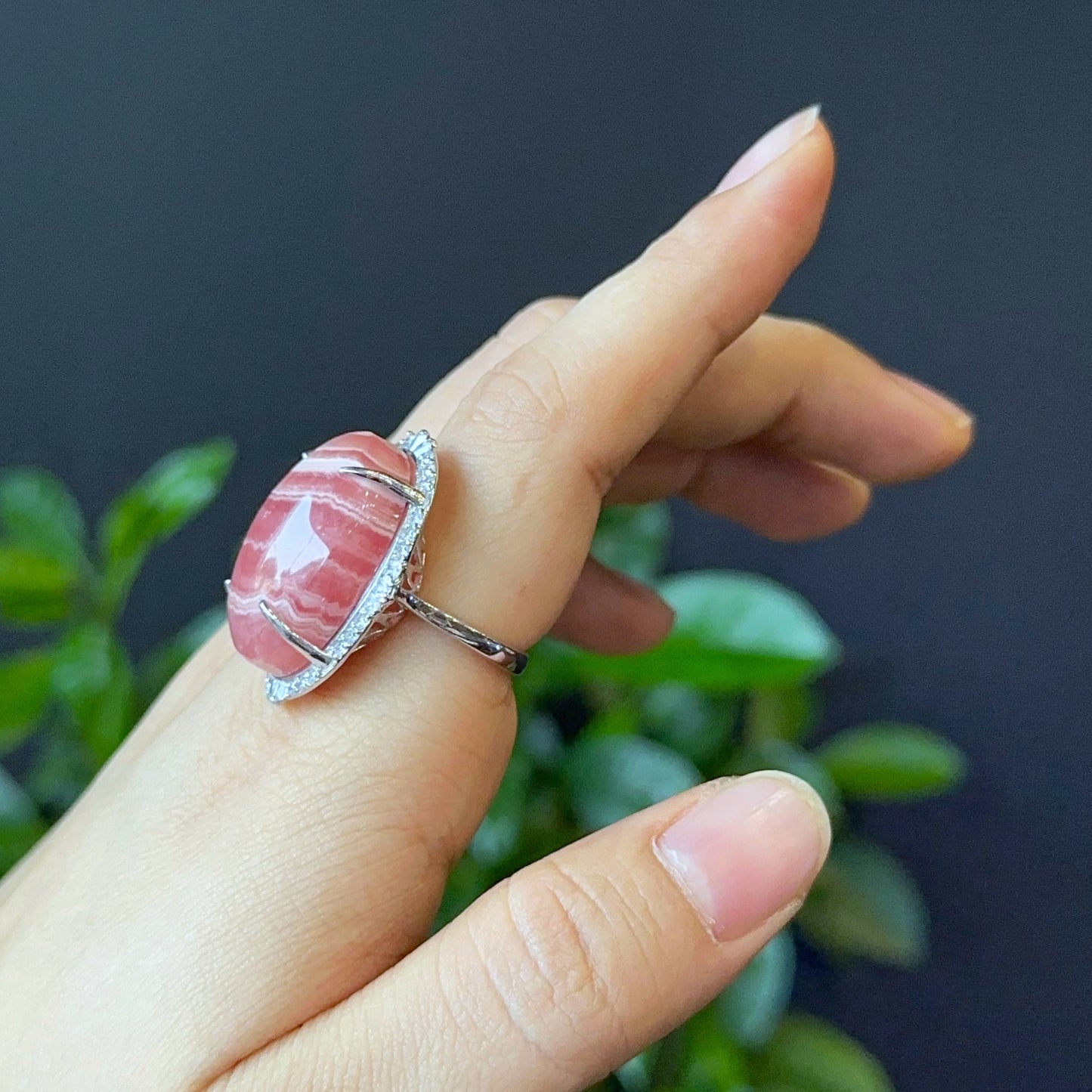 Oval Rhodochrosite Ring in Silver with White Stone Setting Size 1.8