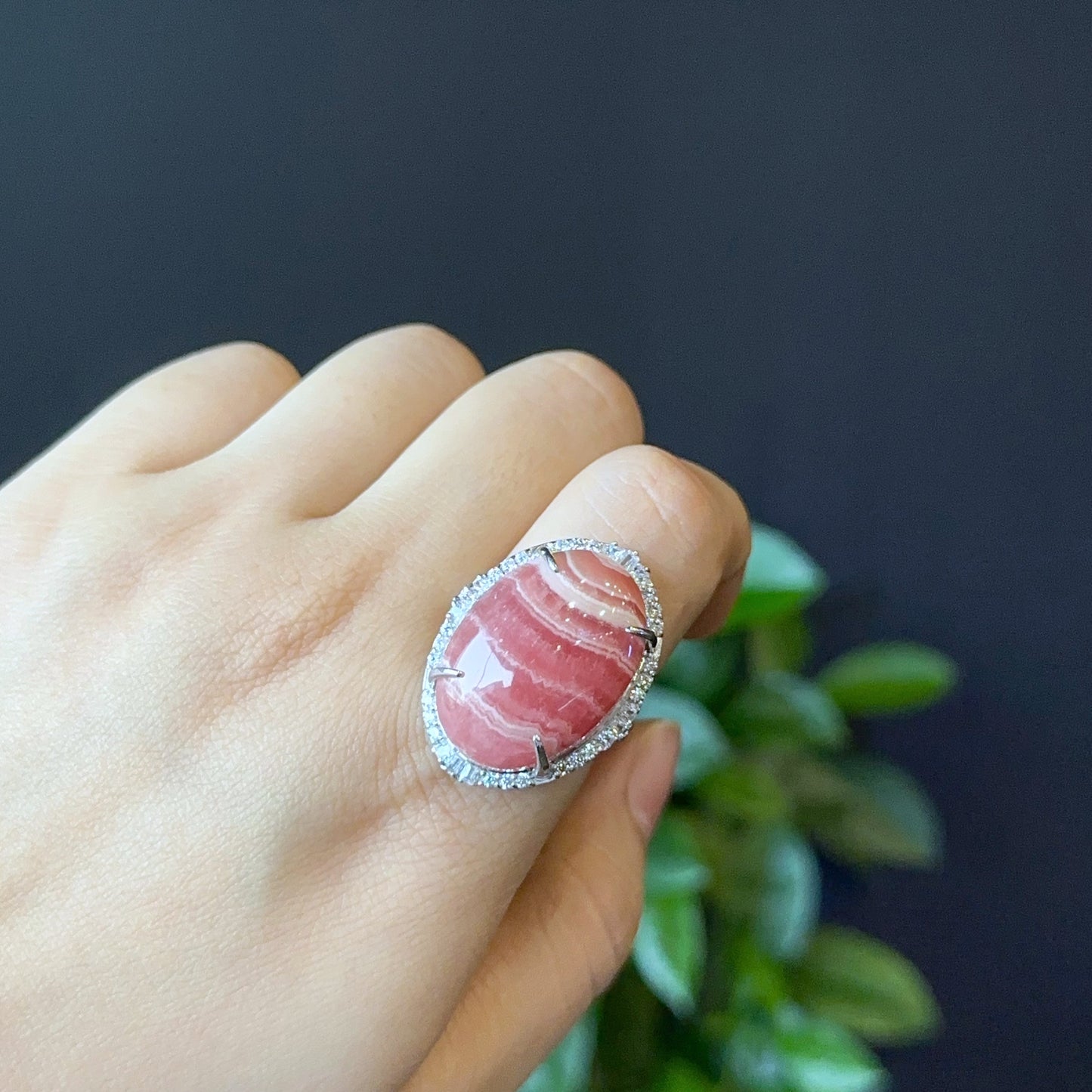 Oval Rhodochrosite Ring in Silver with White Stone Setting Size 1.8