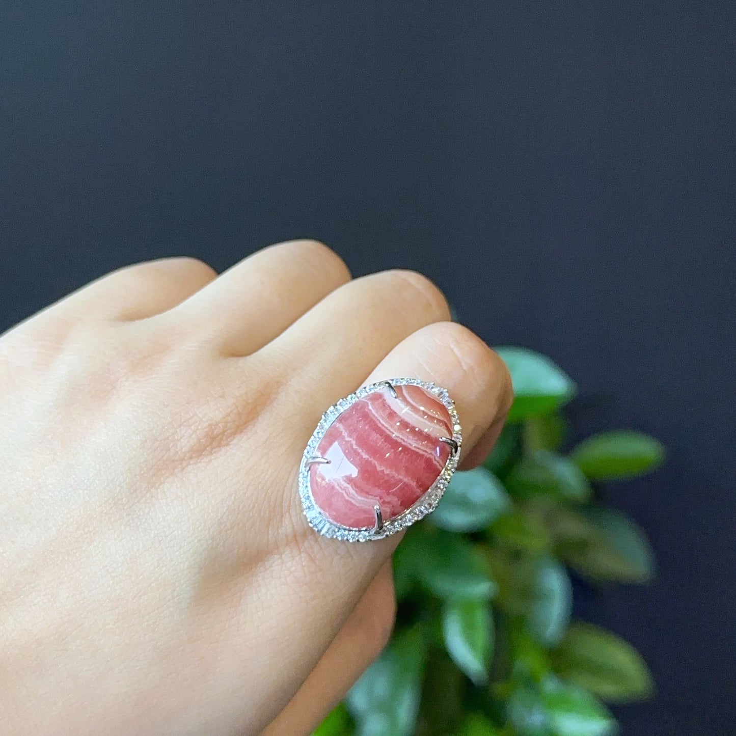 Oval Rhodochrosite Ring in Silver with White Stone Setting Size 1.8