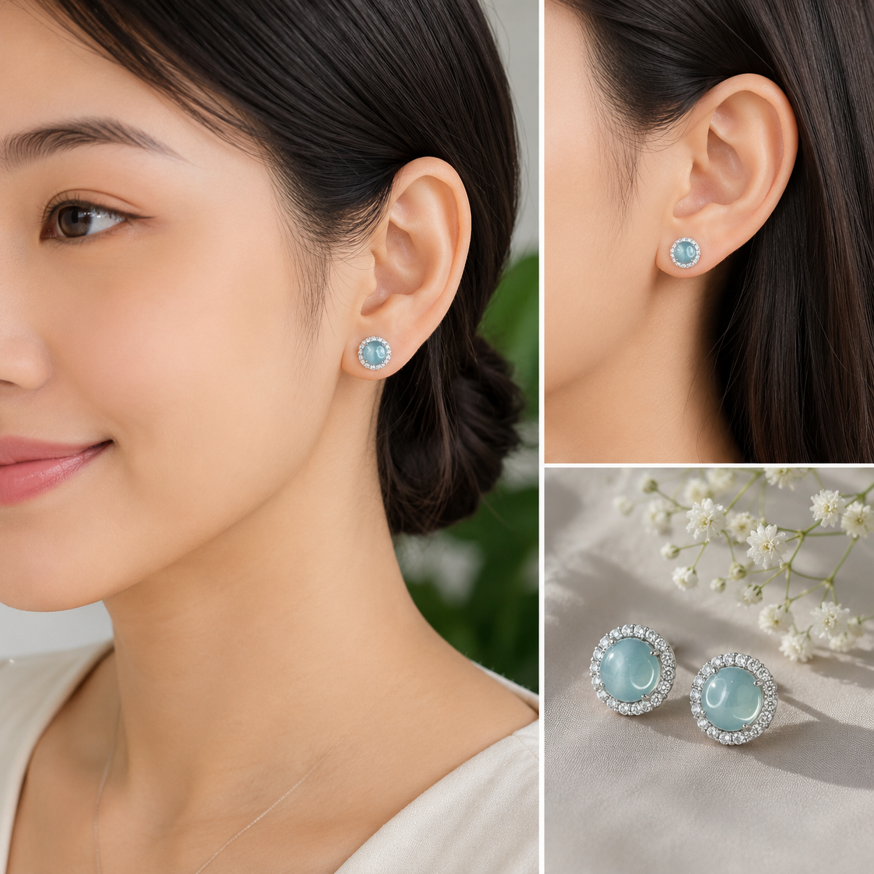 Natural Water Green Jadeite Jade Stud Earrings with S925 Silver With White Stones Setting - High Quality