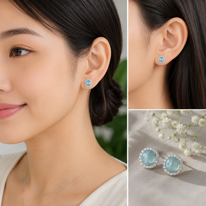 Natural Water Green Jadeite Jade Stud Earrings with S925 Silver With White Stones Setting - High Quality