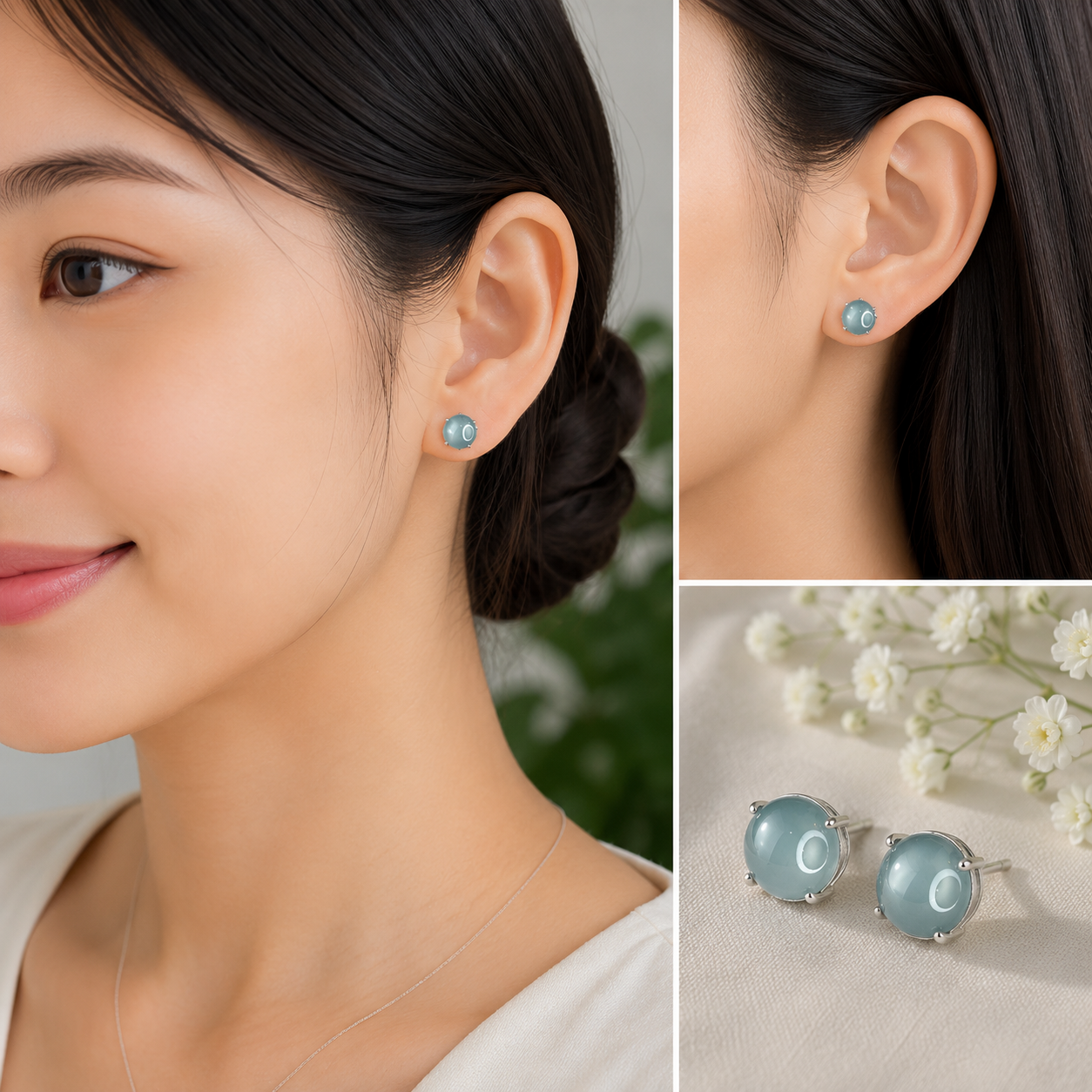 Natural Water Green Jadeite Jade Stud Earrings with S925 Silver Setting - High Quality