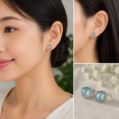 Natural Water Green Jadeite Jade Stud Earrings with S925 Silver Setting - High Quality