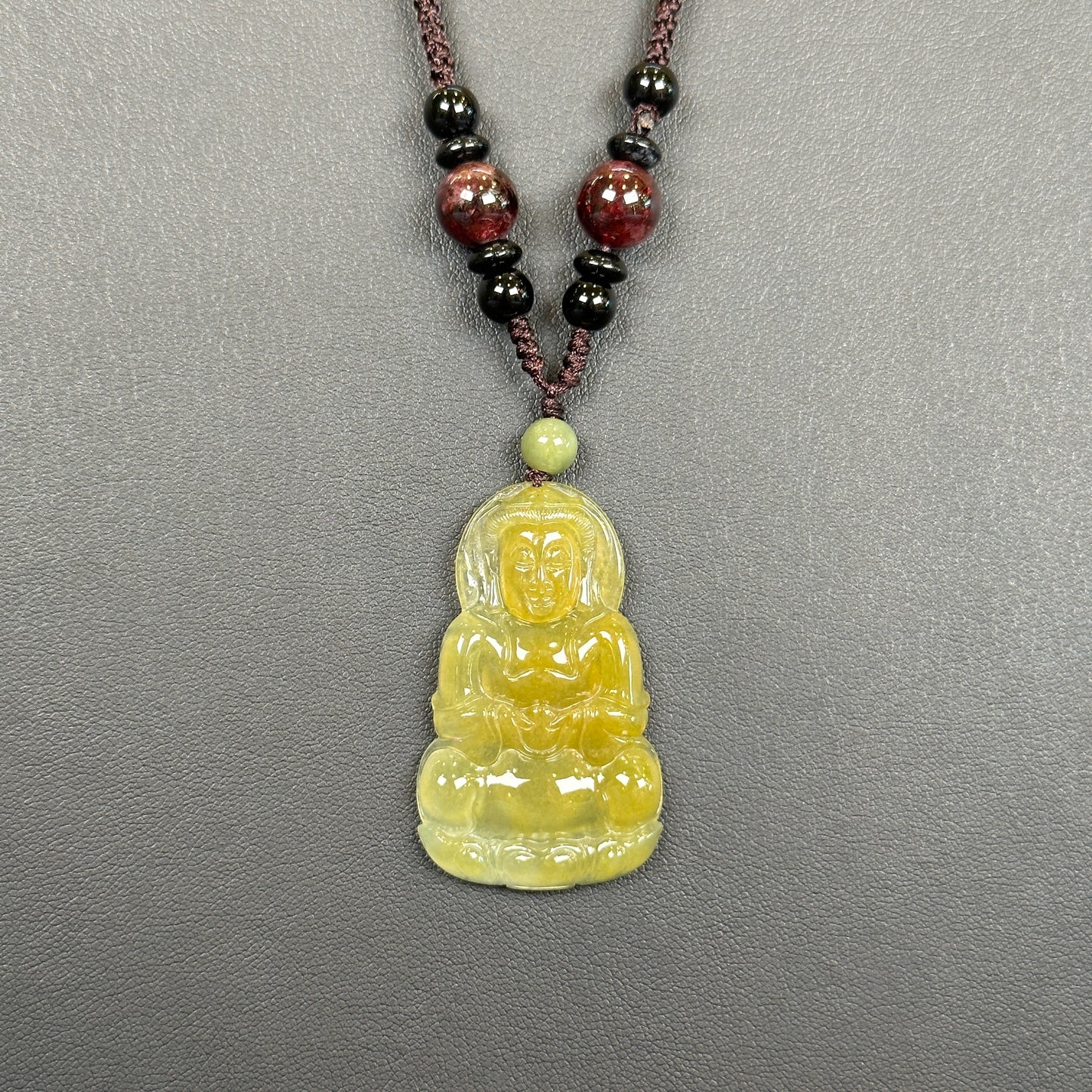 Quan The Am Buddha Translucent Golden Jadeite Jade Pendant on Black String Necklace with Gem Review Certificate