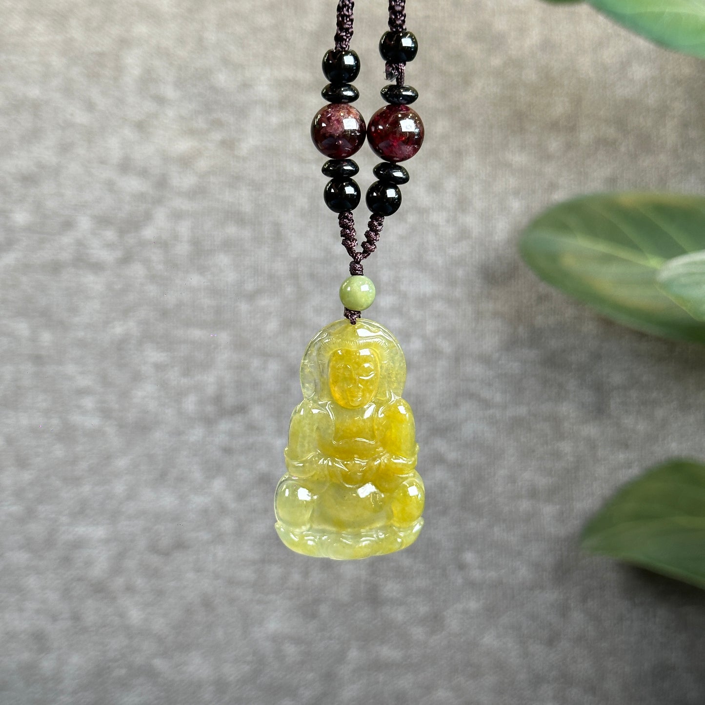 Quan The Am Buddha Translucent Golden Jadeite Jade Pendant on Black String Necklace with Gem Review Certificate