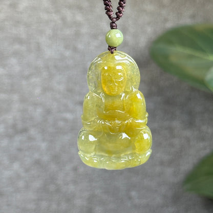 Quan The Am Buddha Translucent Golden Jadeite Jade Pendant on Black String Necklace with Gem Review Certificate