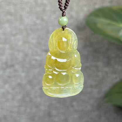 Quan The Am Buddha Translucent Golden Jadeite Jade Pendant on Black String Necklace with Gem Review Certificate