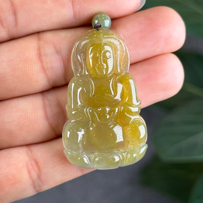 Quan The Am Buddha Translucent Golden Jadeite Jade Pendant on Black String Necklace with Gem Review Certificate