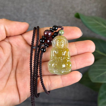 Quan The Am Buddha Translucent Golden Jadeite Jade Pendant on Black String Necklace with Gem Review Certificate