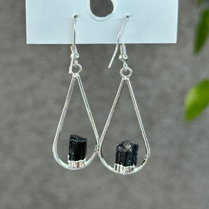 Natural Black Tourmaline Tear Drop Dangling Earrings in Silver Platting