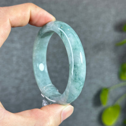 Floral Moss Green Natural Jadeite Jade Bangle Leaf Style Size 53 mm