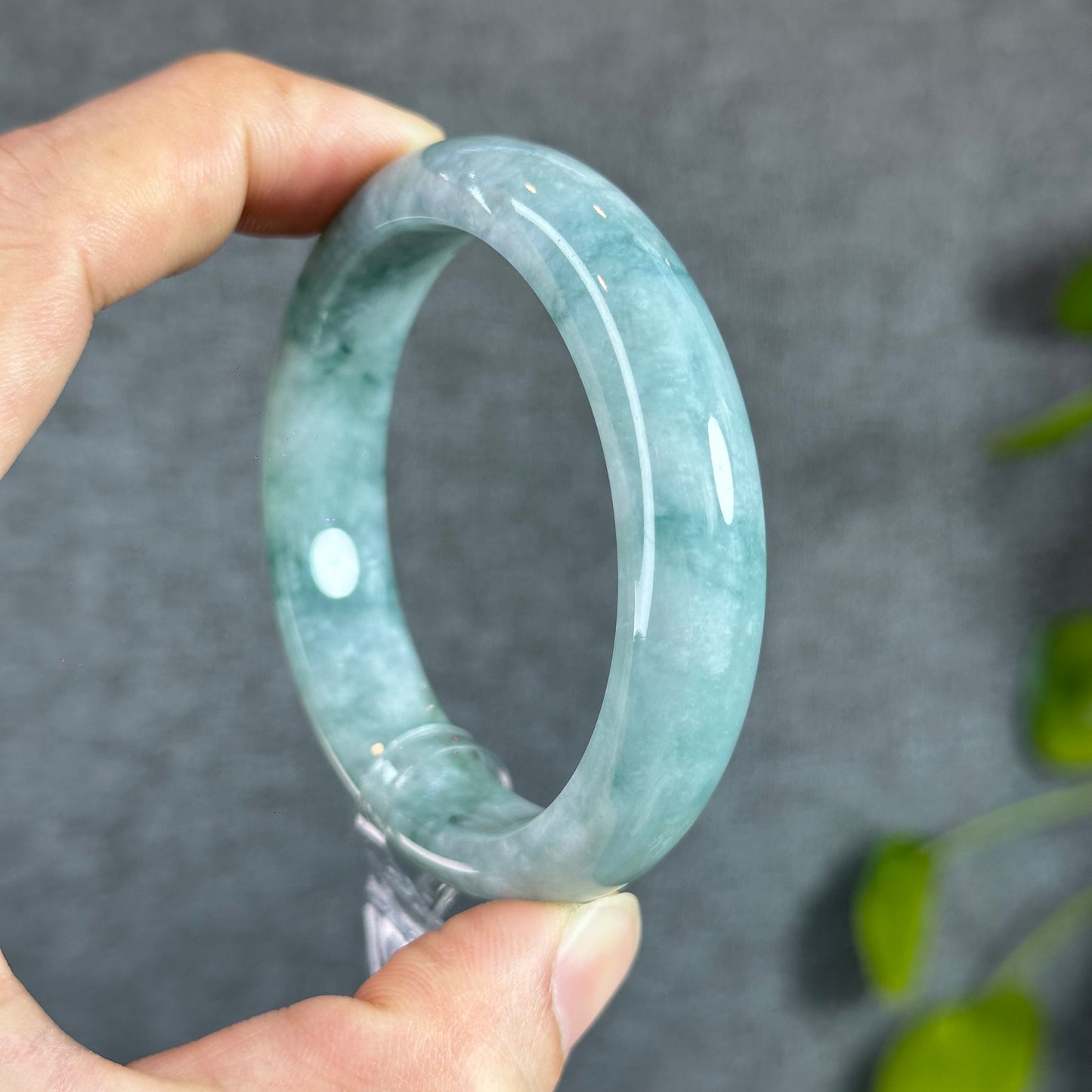Floral Moss Green Natural Jadeite Jade Bangle Leaf Style Size 53 mm