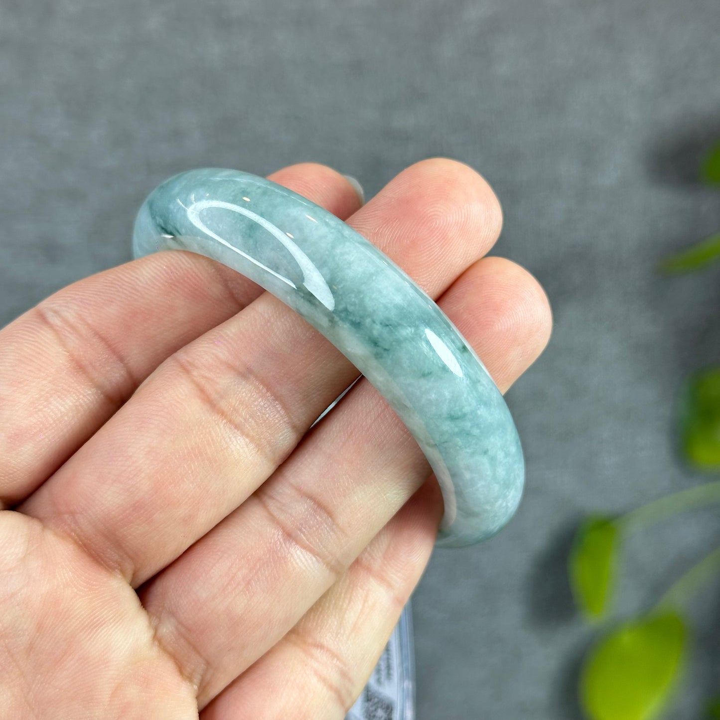 Floral Moss Green Natural Jadeite Jade Bangle Leaf Style Size 53 mm