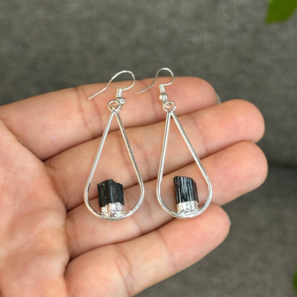 Natural Black Tourmaline Tear Drop Dangling Earrings in Silver Platting