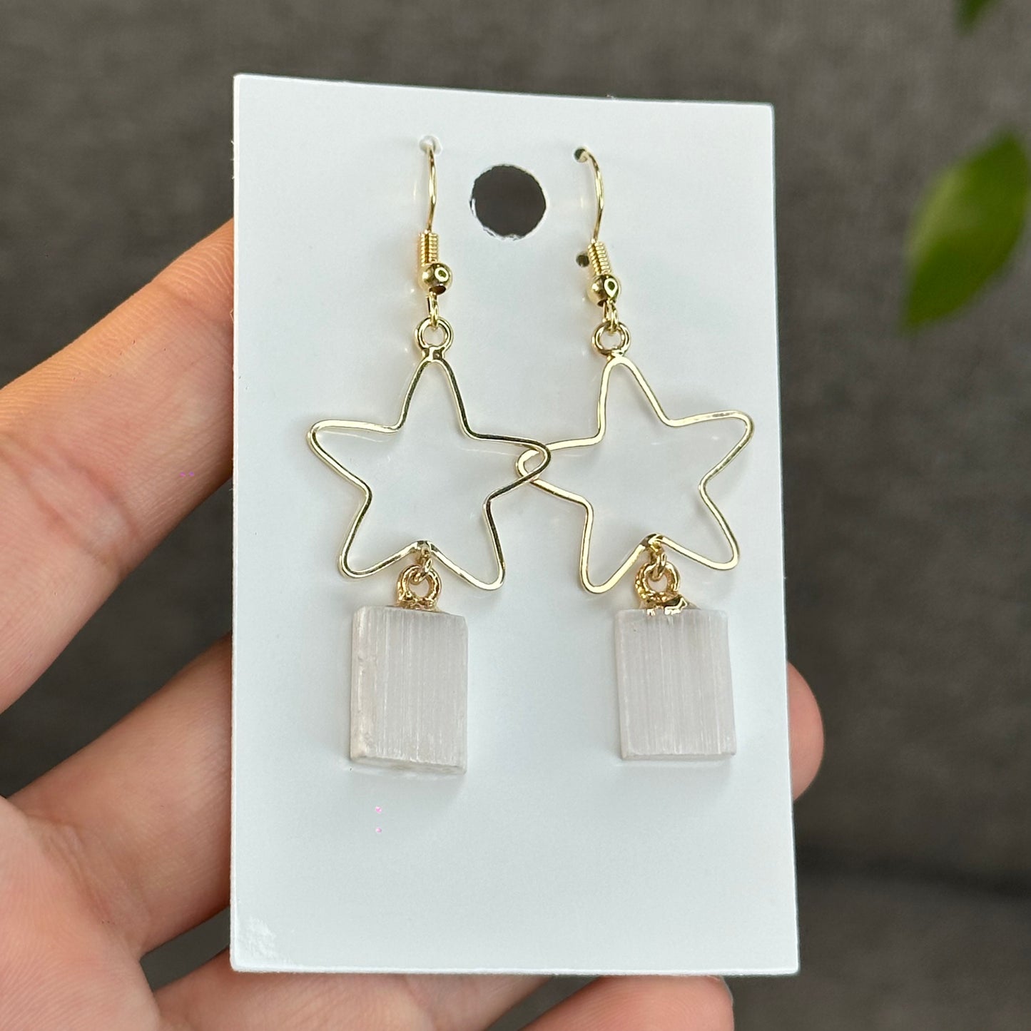 Natural Selenite Star Dangling Earrings in Gold Platting