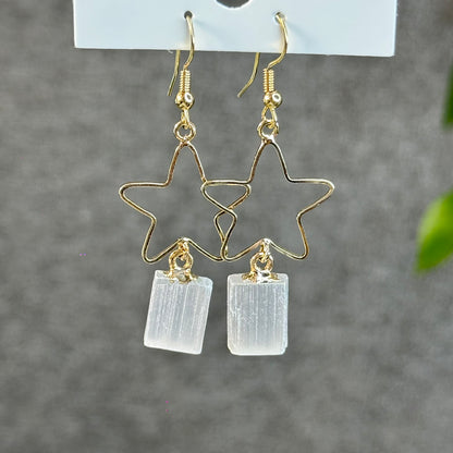 Natural Selenite Star Dangling Earrings in Gold Platting