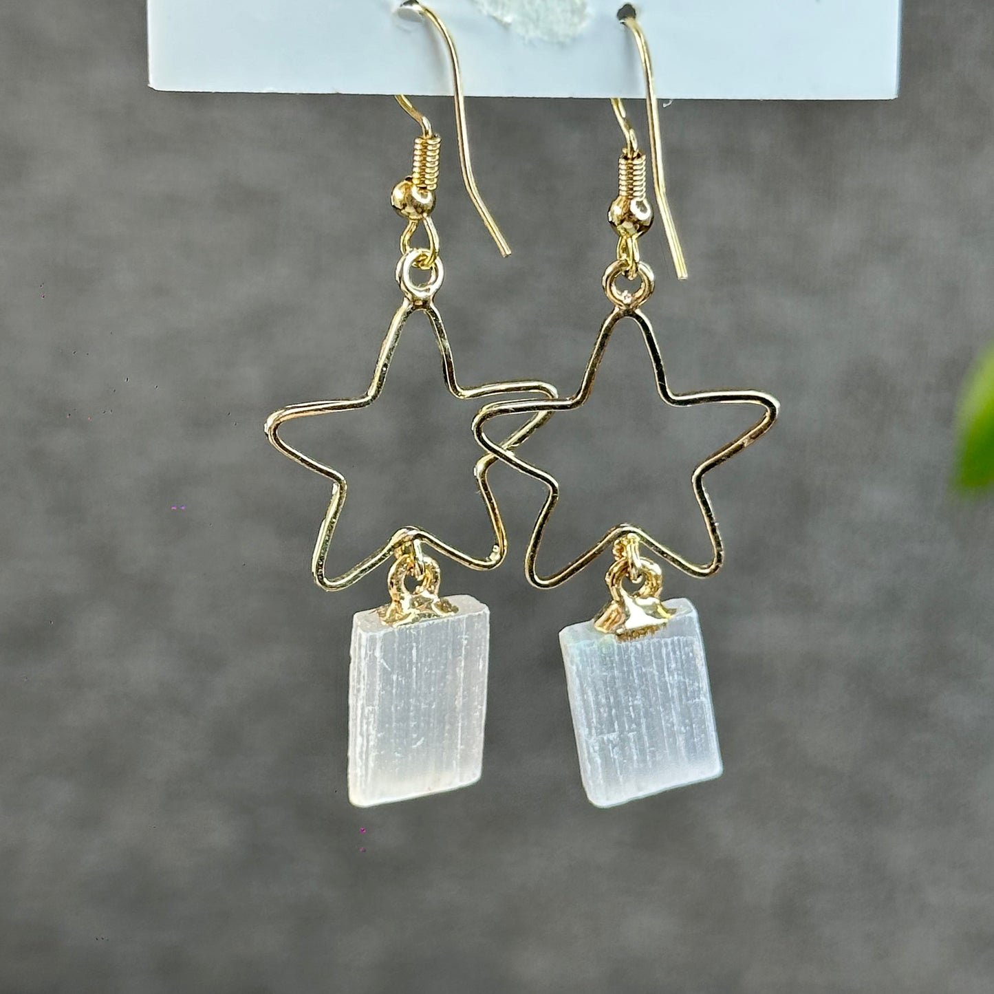 Natural Selenite Star Dangling Earrings in Gold Platting