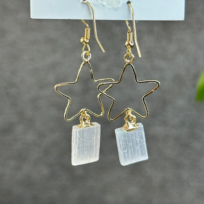 Natural Selenite Star Dangling Earrings in Gold Platting