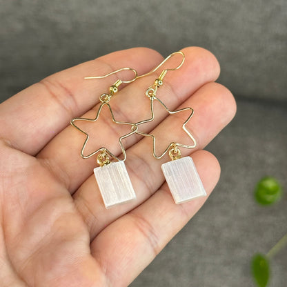 Natural Selenite Star Dangling Earrings in Gold Platting