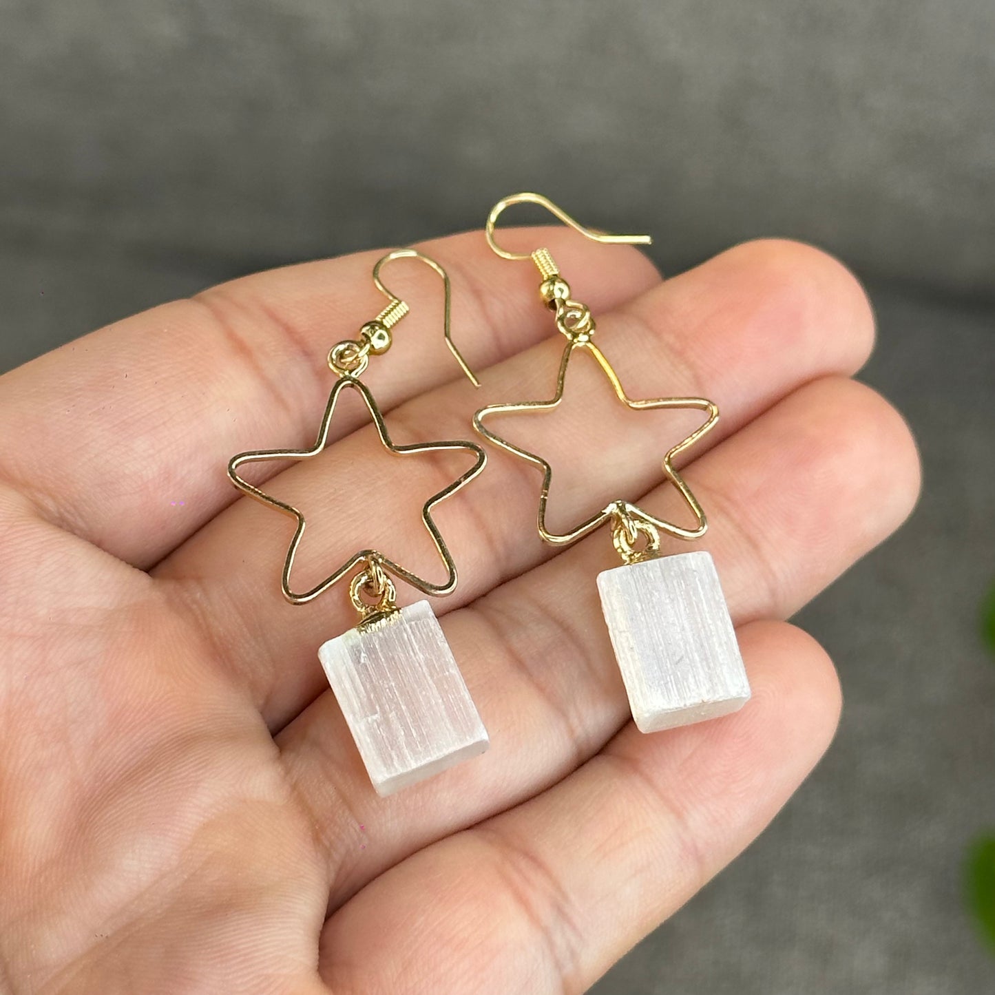 Natural Selenite Star Dangling Earrings in Gold Platting