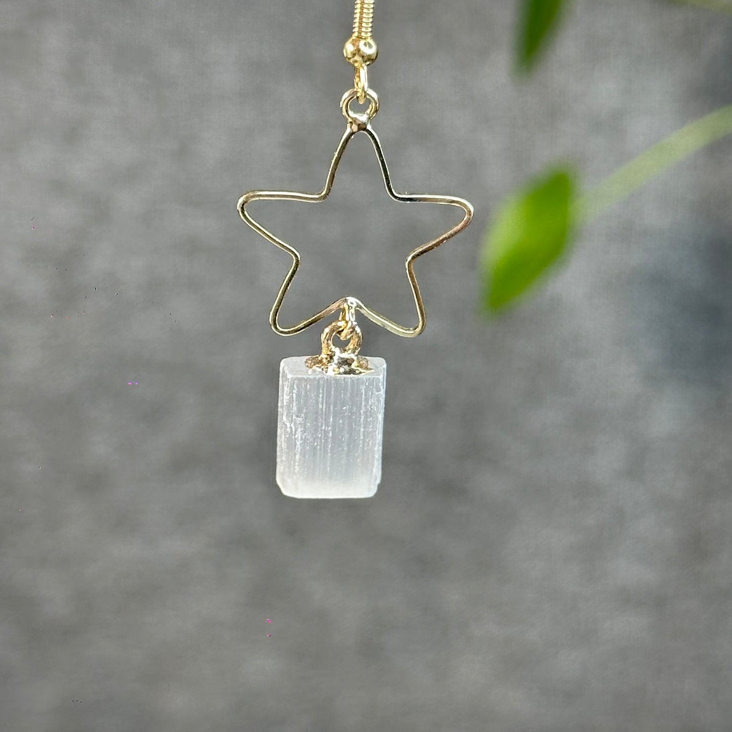 Natural Selenite Star Dangling Earrings in Gold Platting