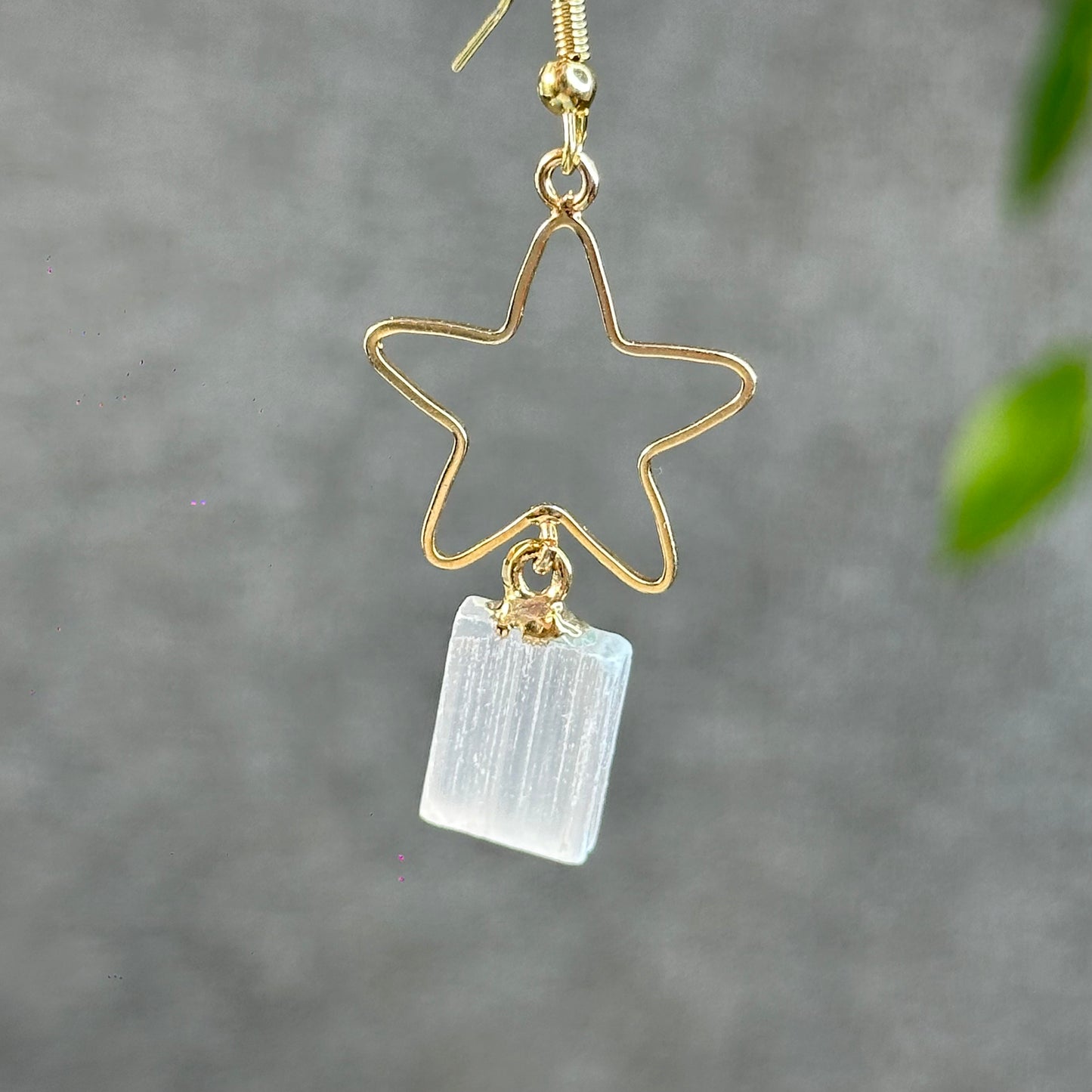 Natural Selenite Star Dangling Earrings in Gold Platting