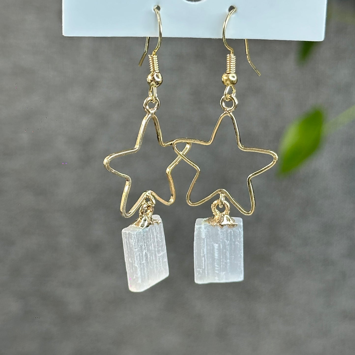 Natural Selenite Star Dangling Earrings in Gold Platting