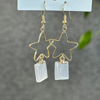 Natural Selenite Star Dangling Earrings in Gold Platting