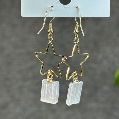Natural Selenite Star Dangling Earrings in Gold Platting