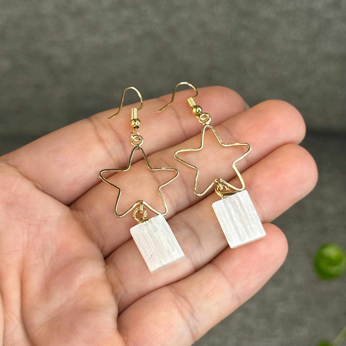 Natural Selenite Star Dangling Earrings in Gold Platting