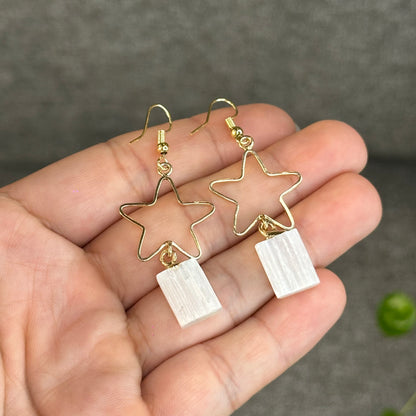 Natural Selenite Star Dangling Earrings in Gold Platting