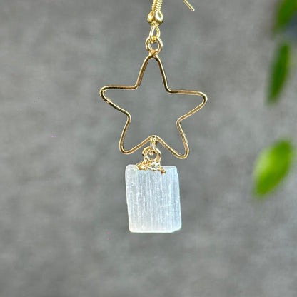 Natural Selenite Star Dangling Earrings in Gold Platting