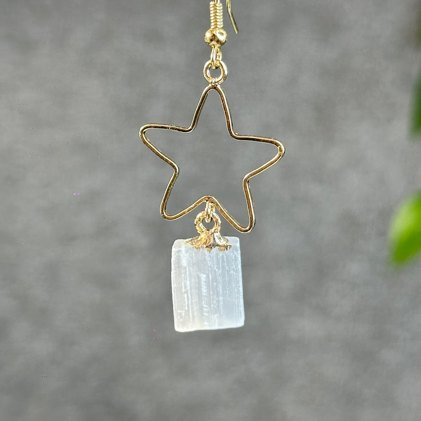 Natural Selenite Star Dangling Earrings in Gold Platting