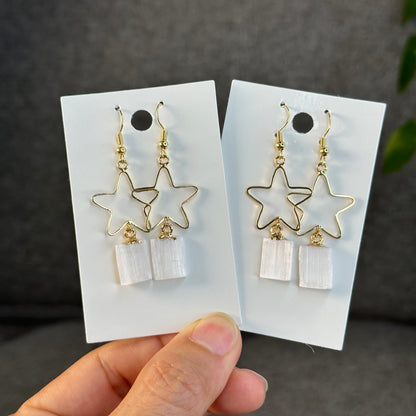Natural Selenite Star Dangling Earrings in Gold Platting
