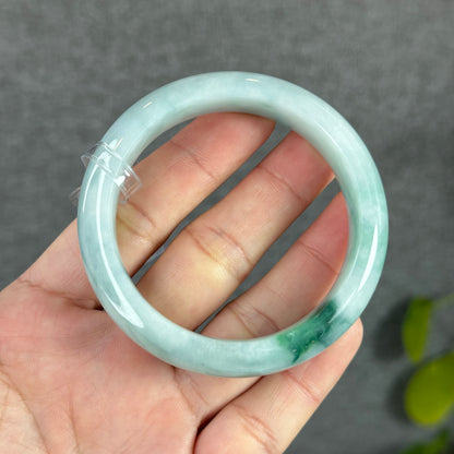 Natural Floral Moss Green with a Touch of Bright Green Natural Jadeite Jade Bangle Leaf Style Size 54.7 mm