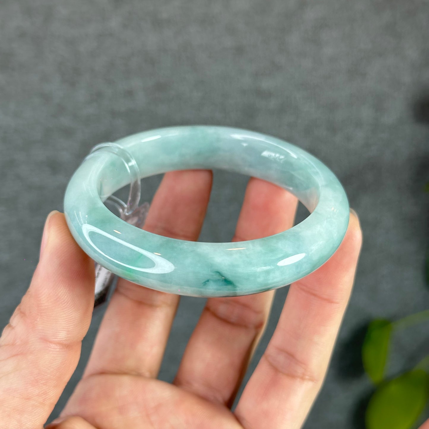 Natural Floral Moss Green with a Touch of Bright Green Natural Jadeite Jade Bangle Leaf Style Size 54.7 mm