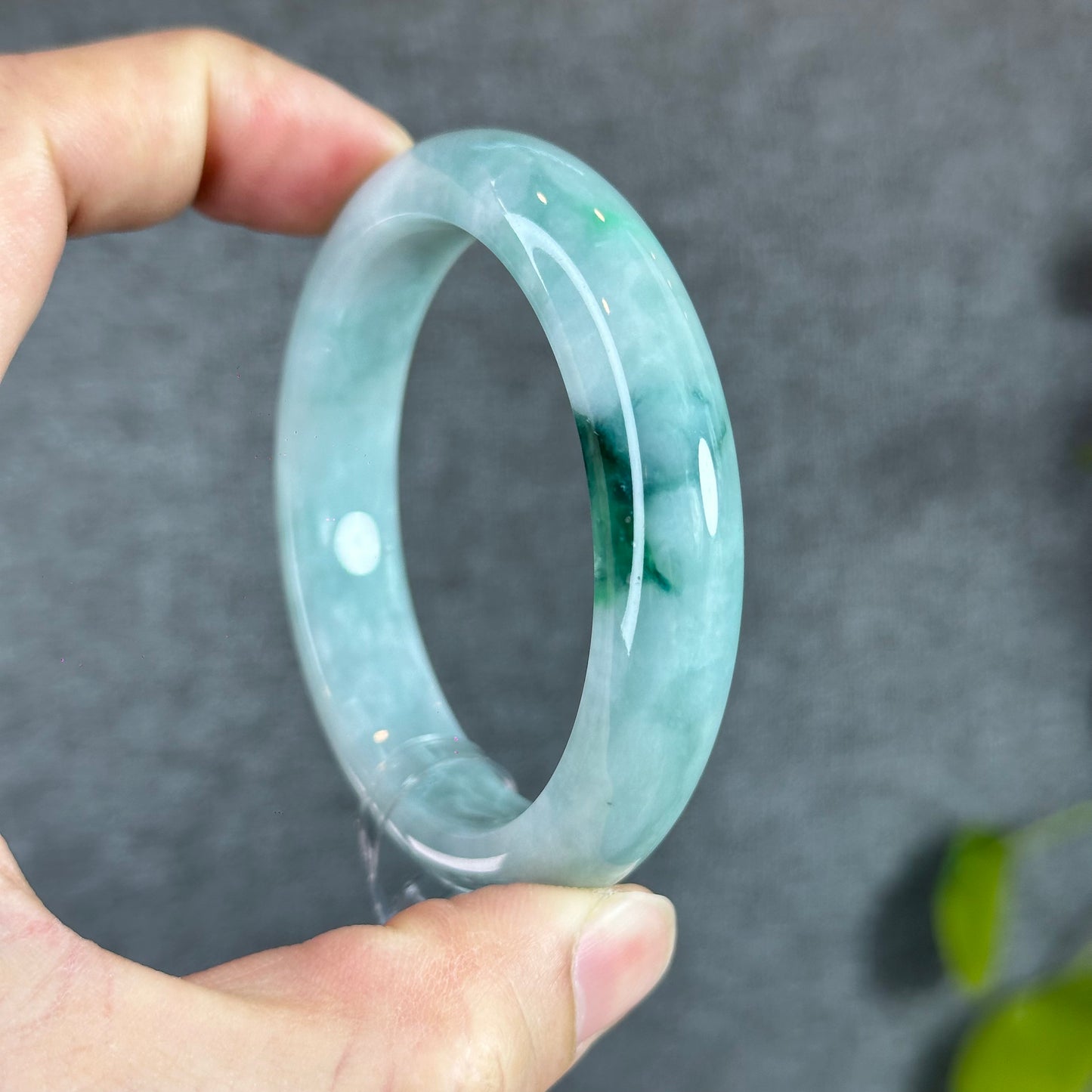 Natural Floral Moss Green with a Touch of Bright Green Natural Jadeite Jade Bangle Leaf Style Size 54.7 mm
