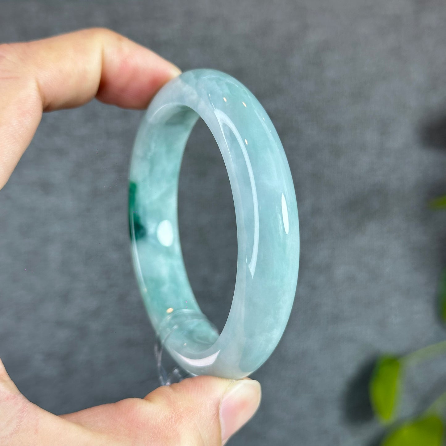 Natural Floral Moss Green with a Touch of Bright Green Natural Jadeite Jade Bangle Leaf Style Size 54.7 mm