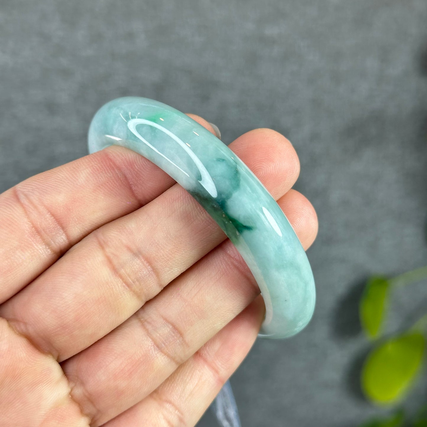Natural Floral Moss Green with a Touch of Bright Green Natural Jadeite Jade Bangle Leaf Style Size 54.7 mm