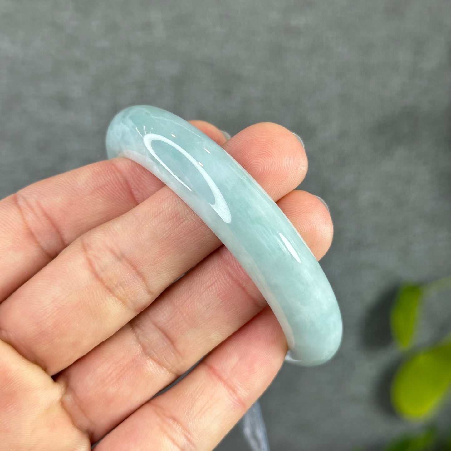 Natural Floral Moss Green with a Touch of Bright Green Natural Jadeite Jade Bangle Leaf Style Size 54.7 mm