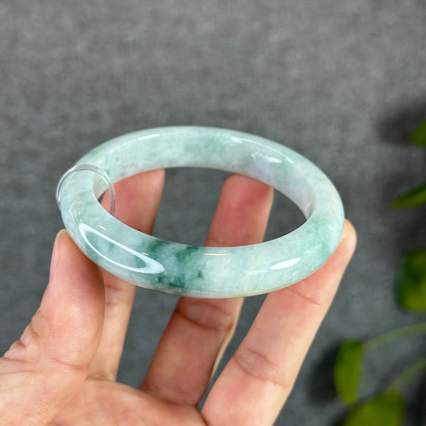 Natural Floral Moss Green with a Touch of Bright Green Natural Jadeite Jade Bangle Leaf Style Size 56.2 mm