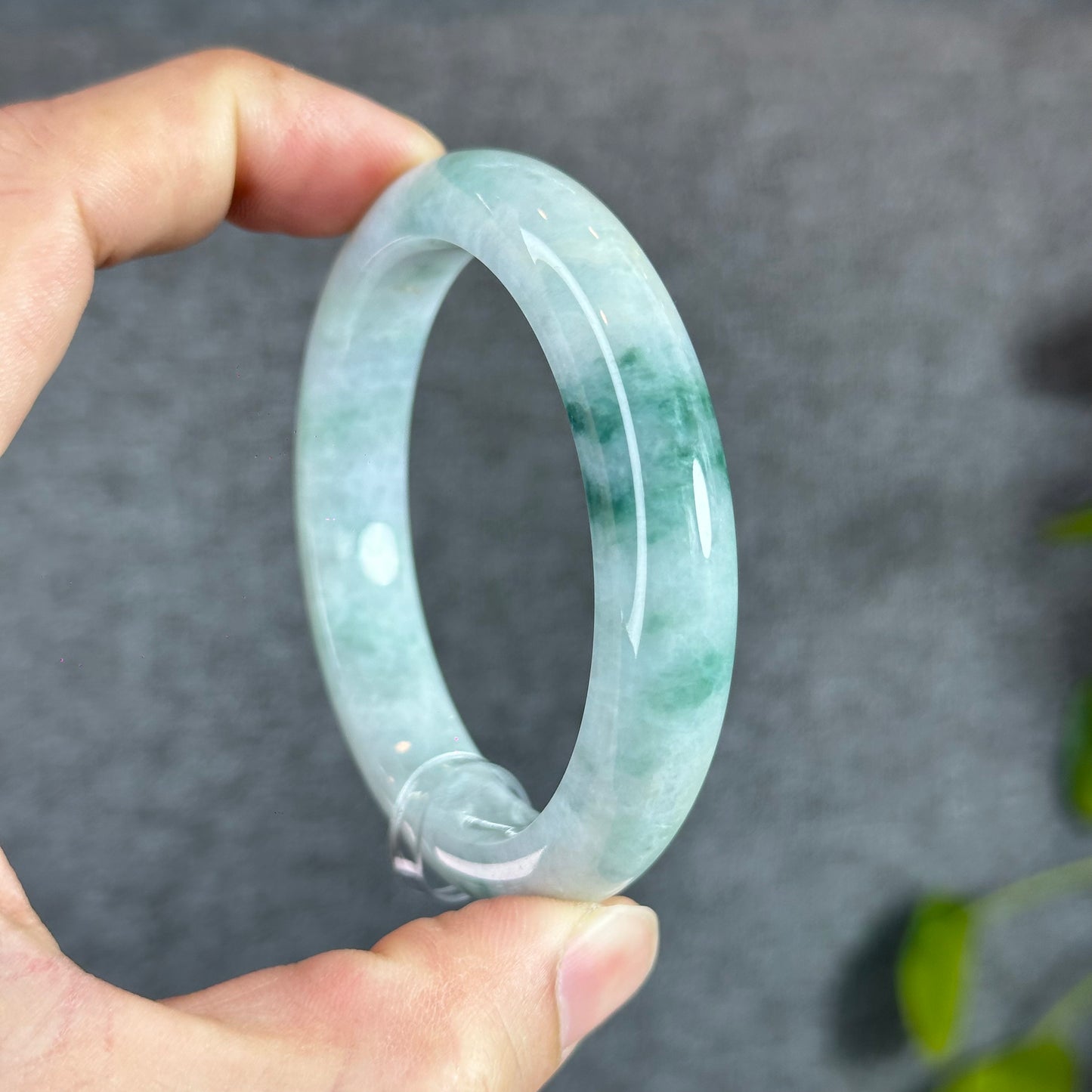 Natural Floral Moss Green with a Touch of Bright Green Natural Jadeite Jade Bangle Leaf Style Size 56.2 mm