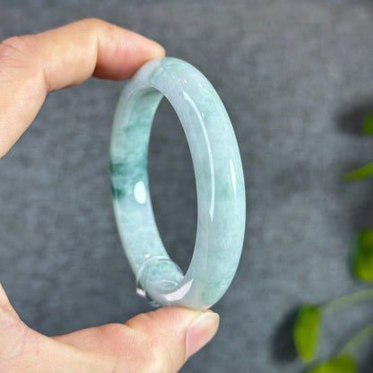 Natural Floral Moss Green with a Touch of Bright Green Natural Jadeite Jade Bangle Leaf Style Size 56.2 mm