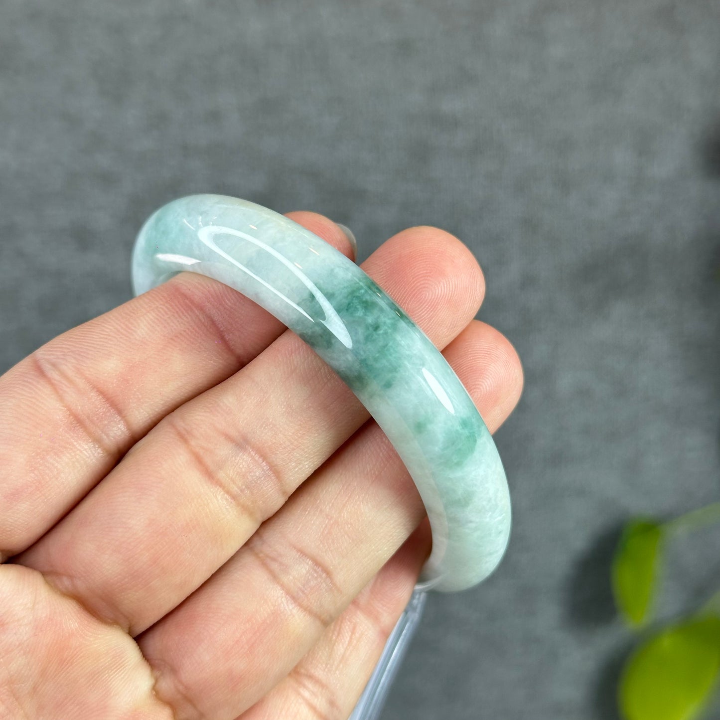 Natural Floral Moss Green with a Touch of Bright Green Natural Jadeite Jade Bangle Leaf Style Size 56.2 mm